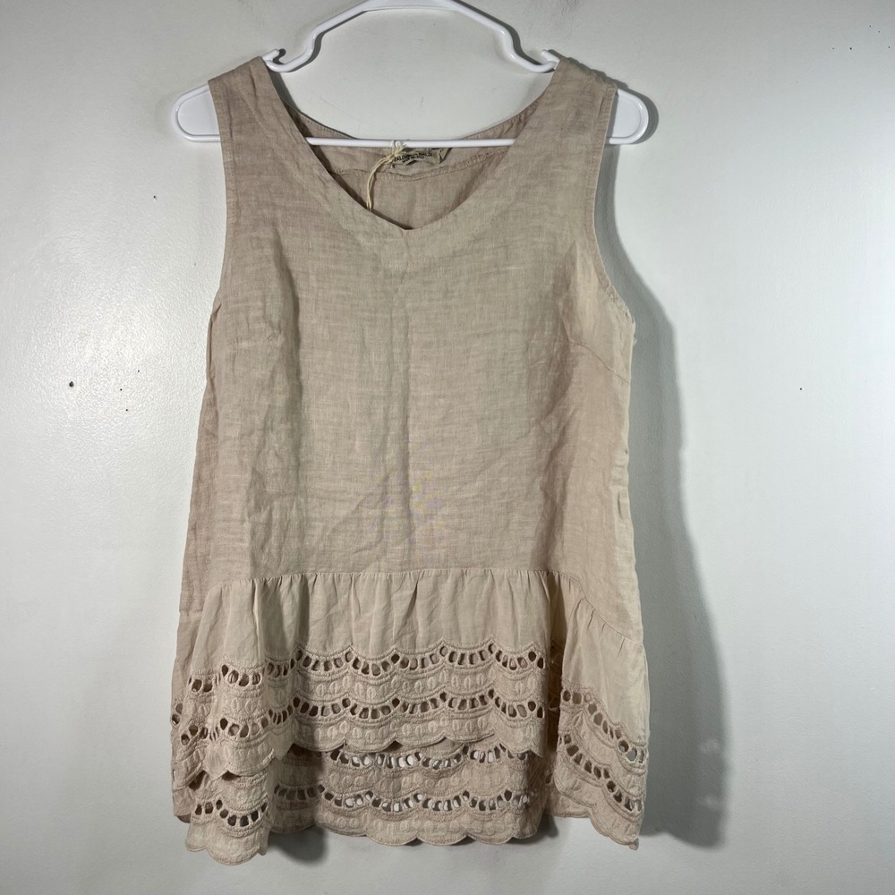 Womens Valentina Naldi Sleeveless Linen Cutout Ruffle Tunic Beige M Italy